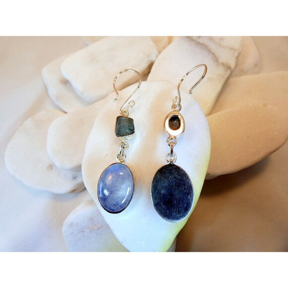 Natural Blue Rainbow Moonstone Raw Apatite Sterling Silver Drop Earrings - Picture 3 of 4